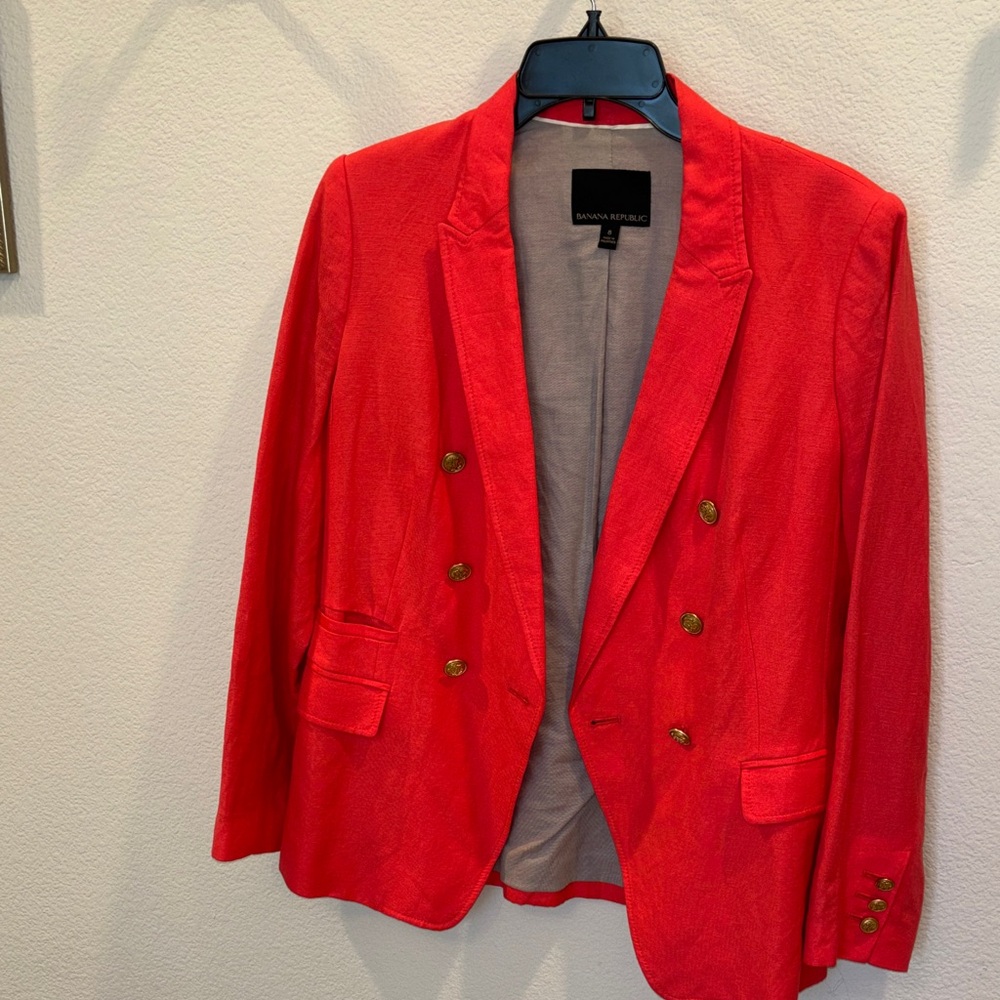 Banana Republic Bright Coral Double-Breasted Linen Blazer
